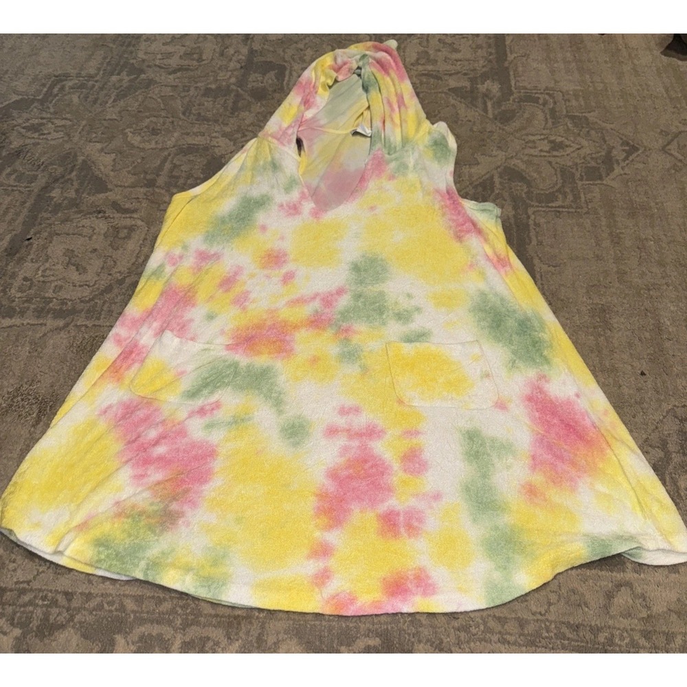 Venus Tie Dye Sleeveless‎ Yellow Multi Beach Cover-Up Dress Hood Womens Sz XL